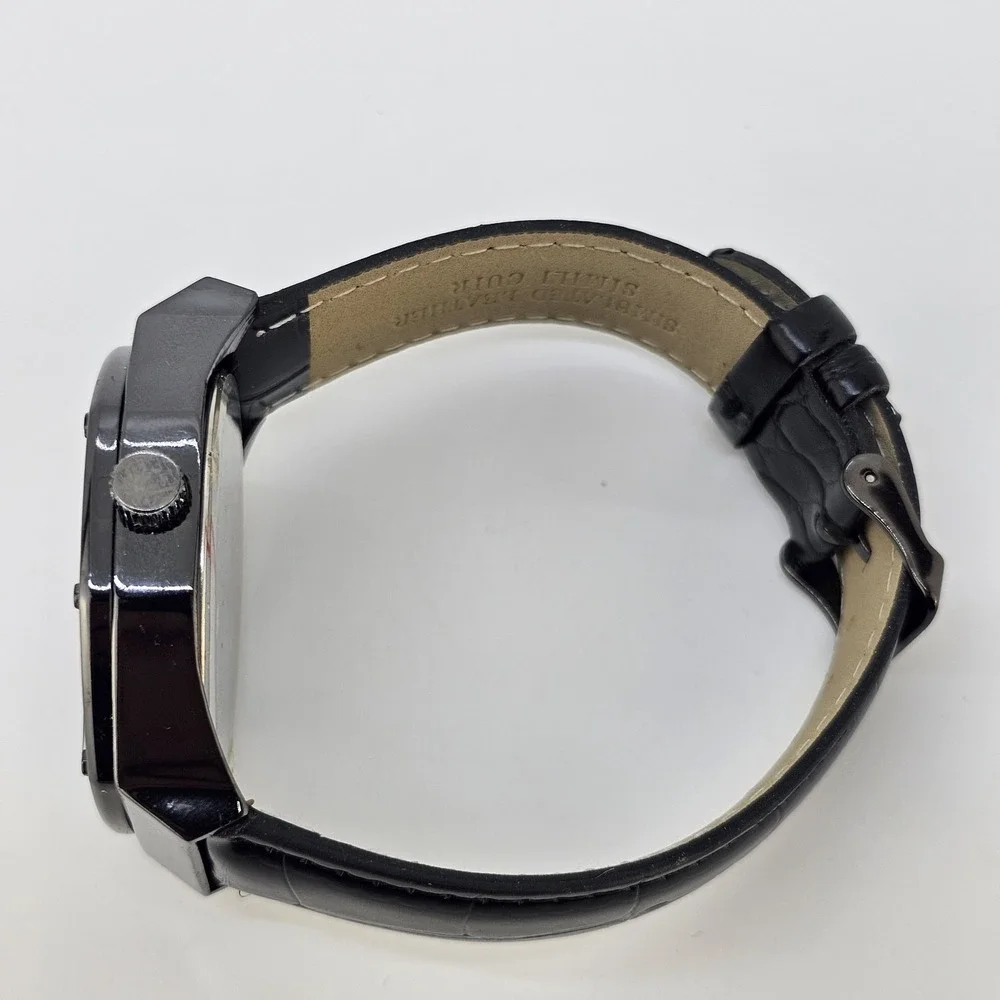 Men's Analog Watch 44MM Black Dial Case Black Faux Leather Bands New Battery